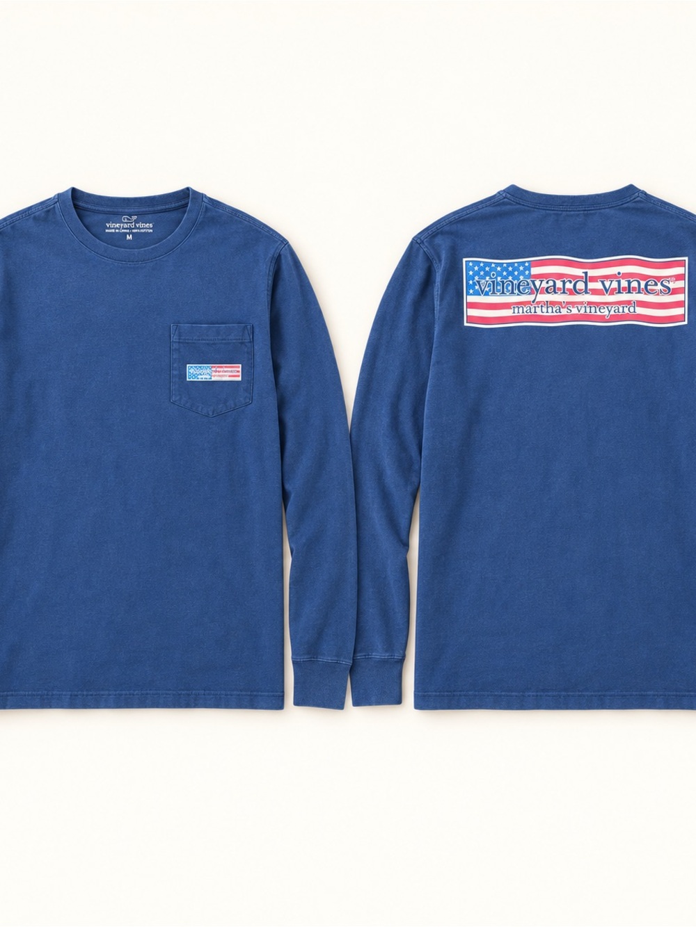 Vineyard Vines Navy Long-Sleeve Tee with Flag Graphics